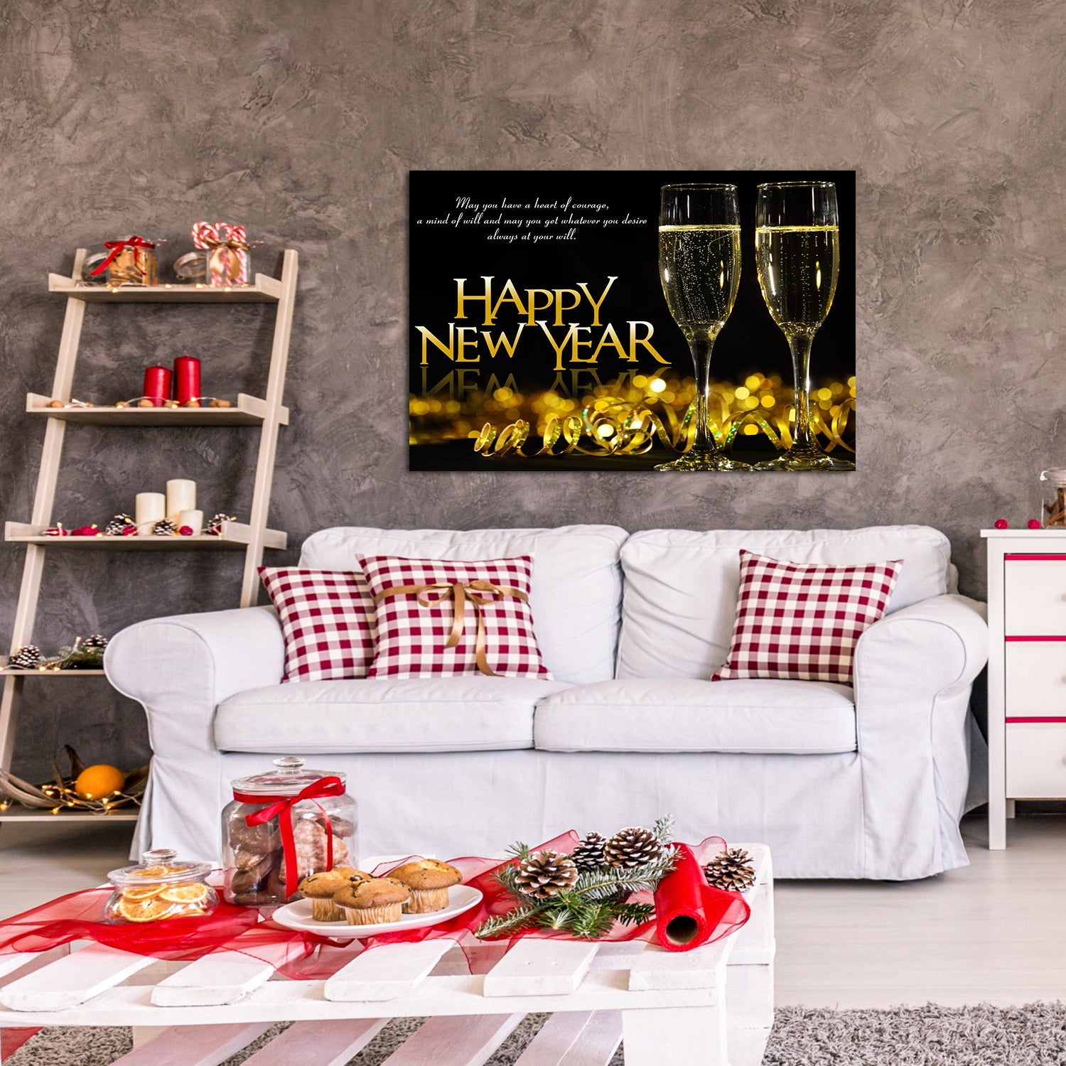 Framed Canvas Wall Art Decor Painting For Year, Golden Happy Year Bless Champagne Gift Painting For Year Gift, Decoration For Chrismas Eve Office Living Room, Bedroom Decor Ready To Hang Rectangle Framed Multicolor Year'S Oversized 41In Canvas Cultures