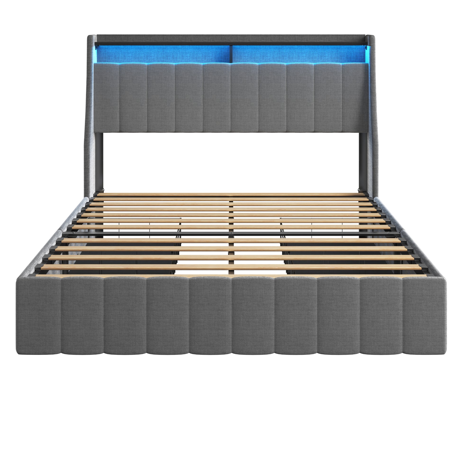 Queen Size Bed Frame With Led, 4 Under Bed Portable Storage Drawers, Wings Headboard Design, Light Grey Box Spring Not Required Queen Light Grey Metal Bedroom Bed Frame Upholstered Linen Upholstered