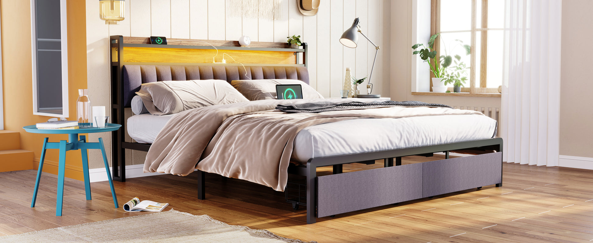 King Bed Frames With Storage Headboard And Drawers, Led Platform Bed Frame King Size, Led Upholstered Bed Frame With Charging Station, No Box Spring Needed, Easy Assembly, Grey Box Spring Not Required King Gray Metal Bedroom Bed Frame Mdf Metal