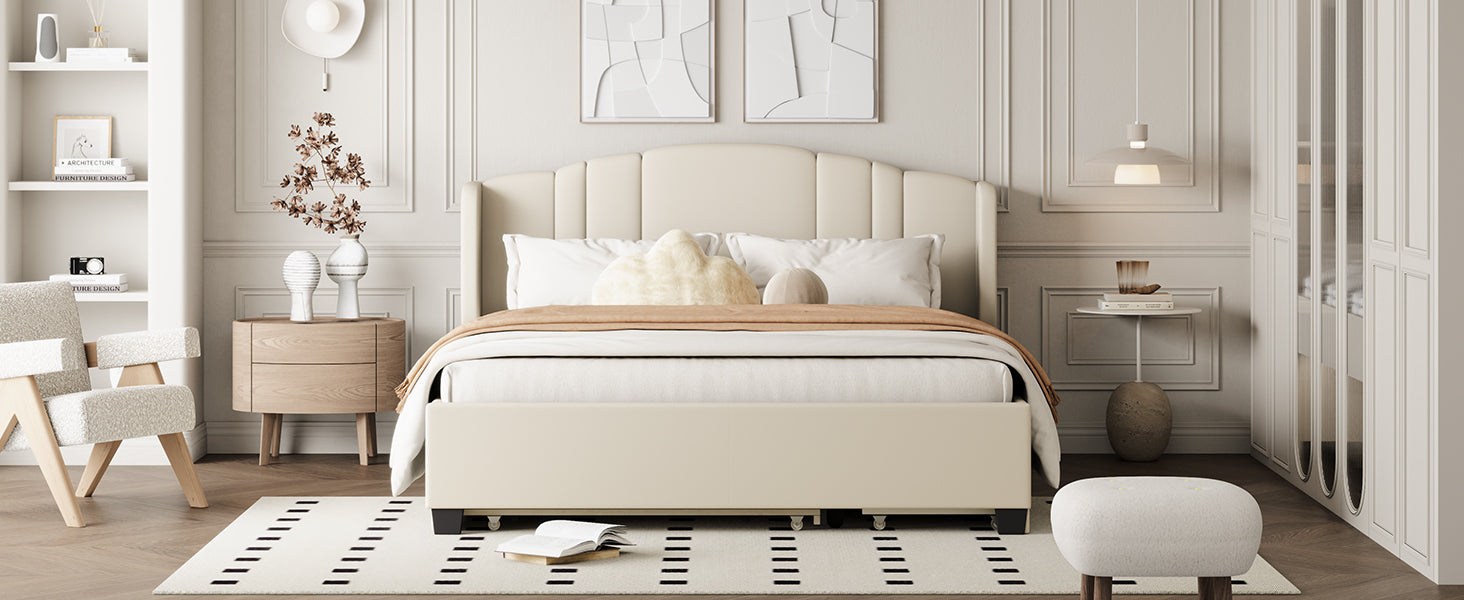 Upholstered Platform Bed With Wingback Headboard, One Twin Trundle And 2 Drawers, No Box Spring Needed, Linen Fabric, Queen Size Beige Beige Linen