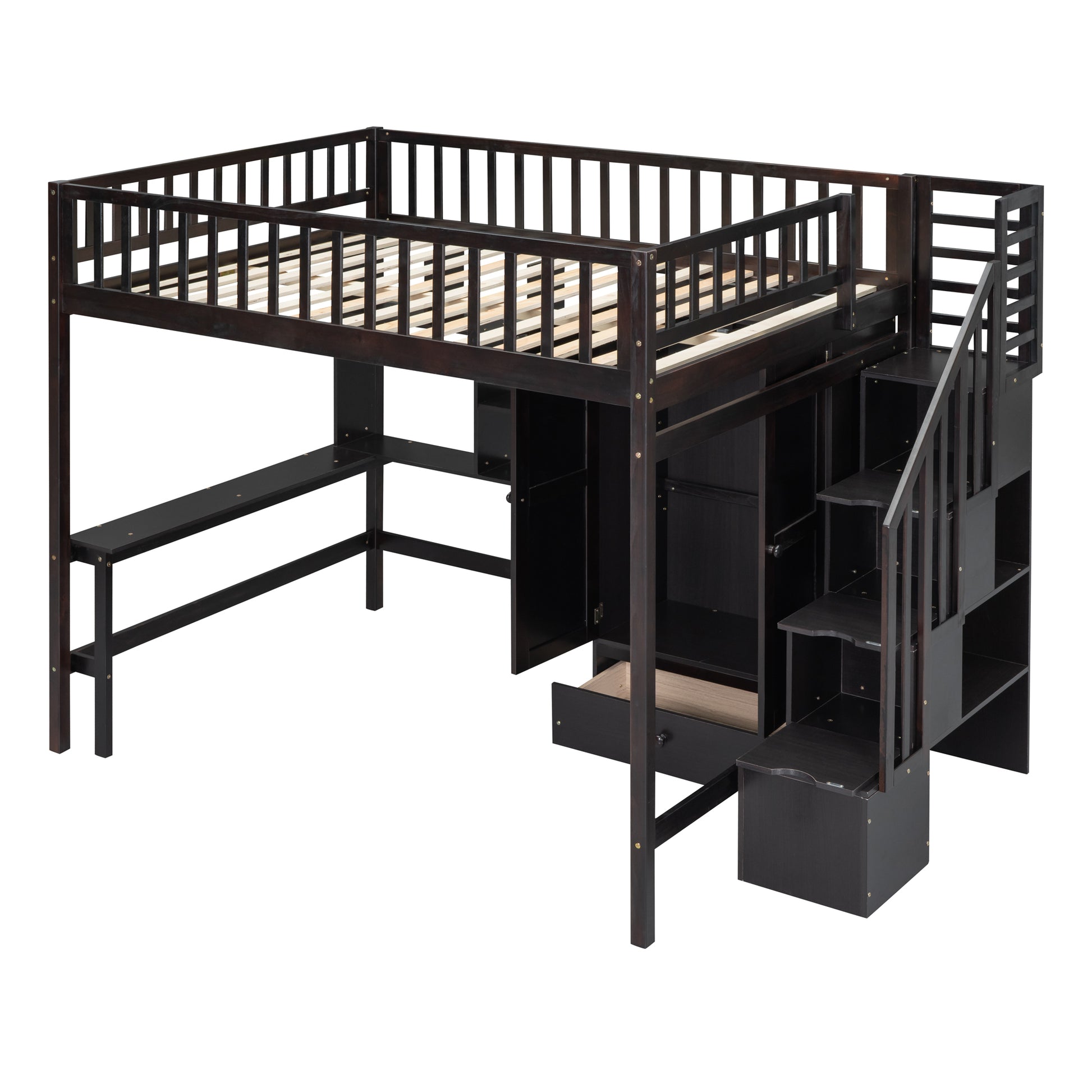Full Size Loft Bed With Bookshelf,Drawers,Desk,And Wardrobe Espresso Full Espresso Solid Wood