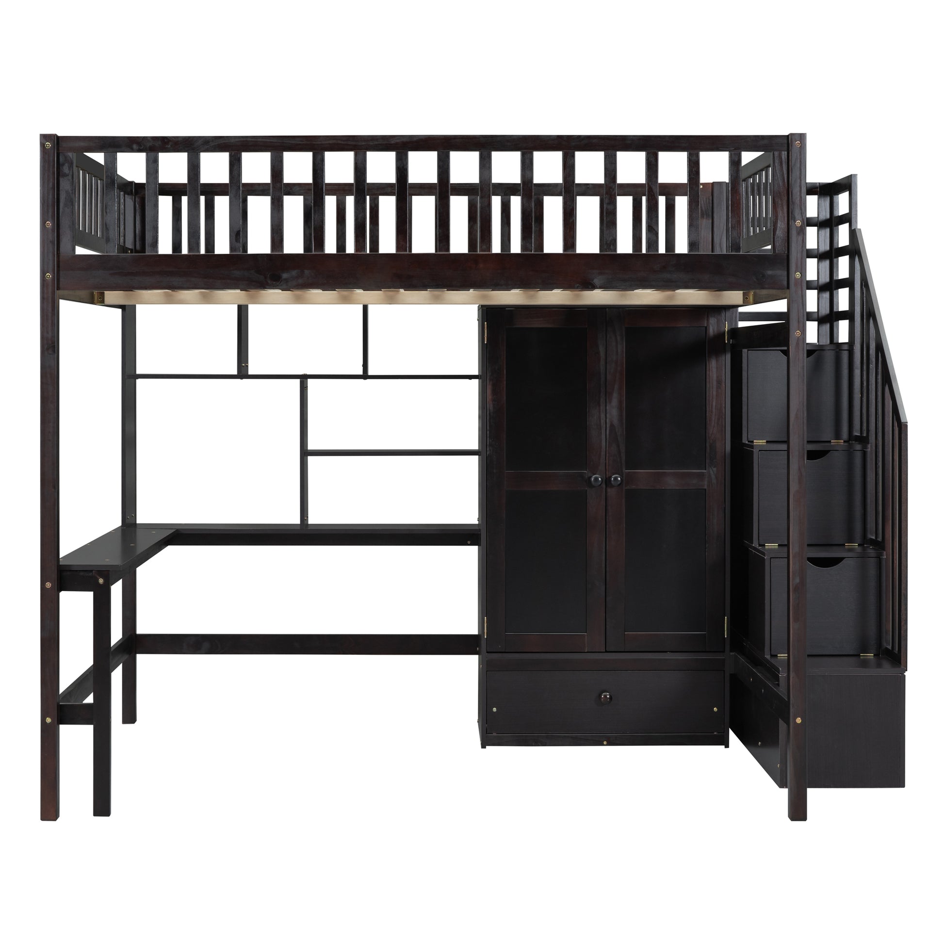 Full Size Loft Bed With Bookshelf,Drawers,Desk,And Wardrobe Espresso Full Espresso Solid Wood