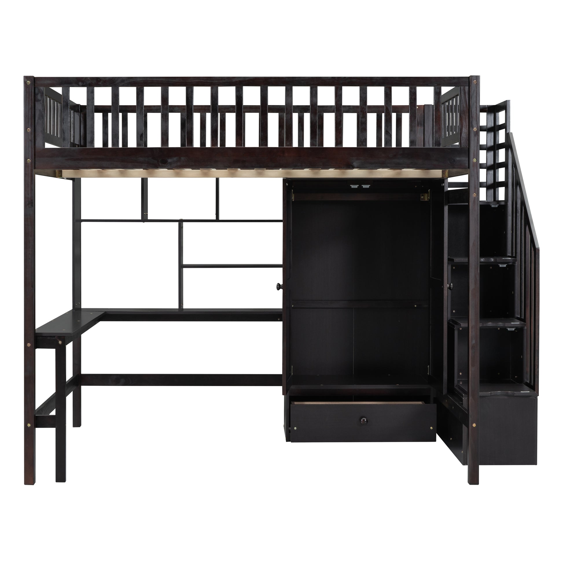 Full Size Loft Bed With Bookshelf,Drawers,Desk,And Wardrobe Espresso Full Espresso Solid Wood