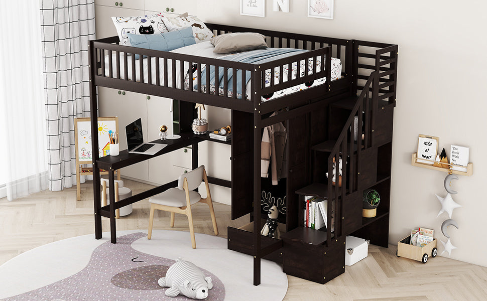 Full Size Loft Bed With Bookshelf,Drawers,Desk,And Wardrobe Espresso Full Espresso Solid Wood