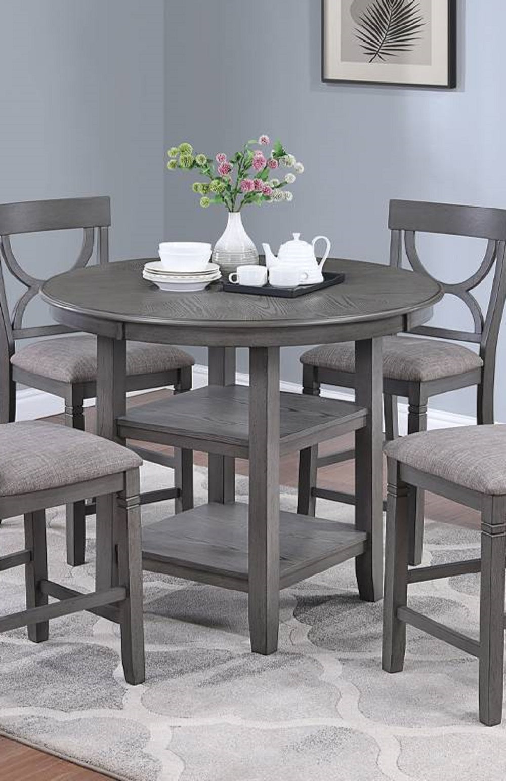 Counter Height Dining Table W Storage Shelve 4X Chairs Padded Seat Unique Design Back 5Pc Dining Set Gray Color Wood Gray Seats 4 Gray Dining Room Contemporary,Modern Round Dining Table With Chair Rubber Wood
