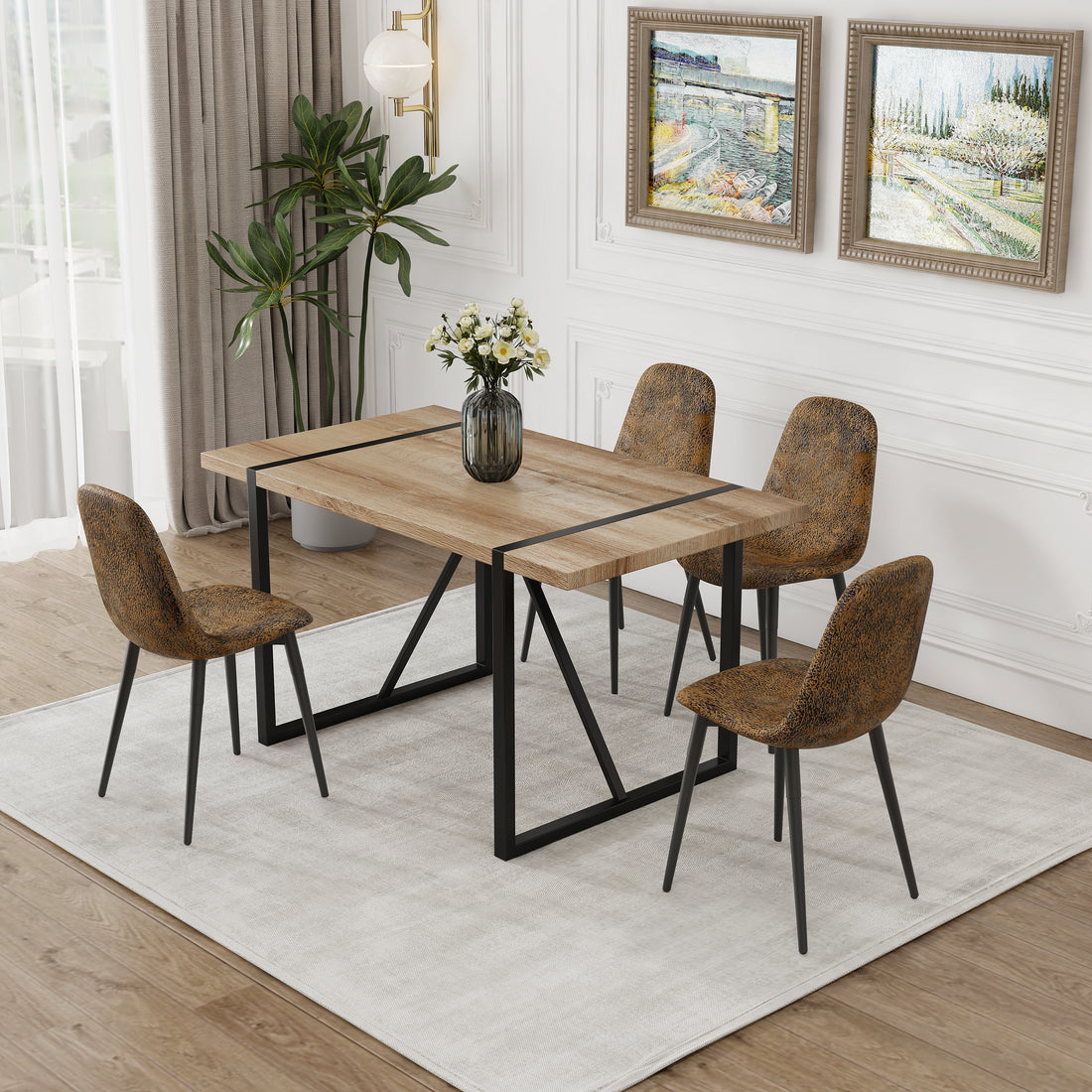 Mdf Wood Colour Dining Table And Modern Dining Chairs Set Of 4, Mid Century Wooden Kitchen Table Set, Metal Base & Legs, Dining Room Table And Suede Chairs Natural Wood Dining Room Mid Century Modern Mdf Mdf