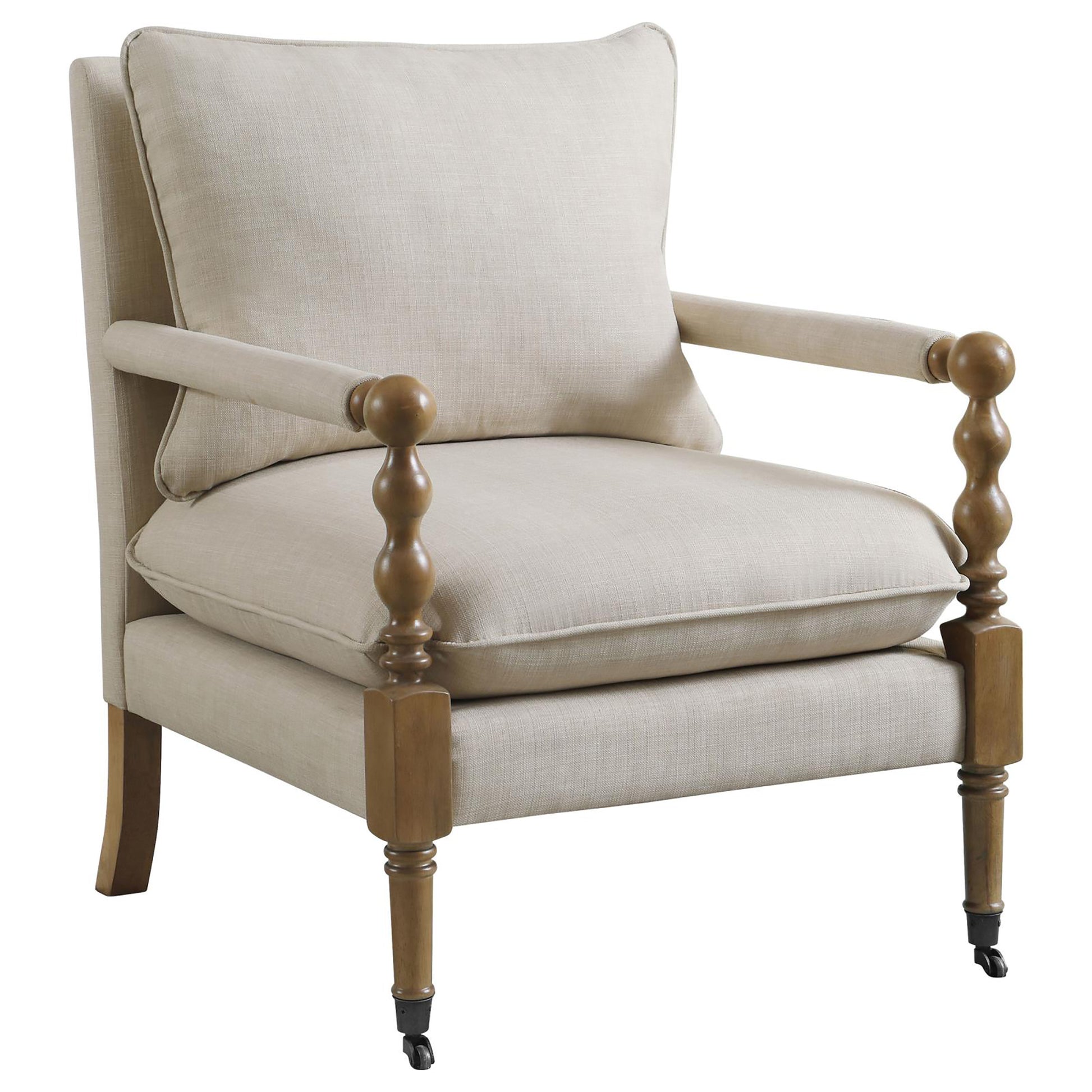 Beige Wooden Accent Chair With Turned Legs Beige Light Brown Primary Living Space Traditional Rubberwood Foam Fabric