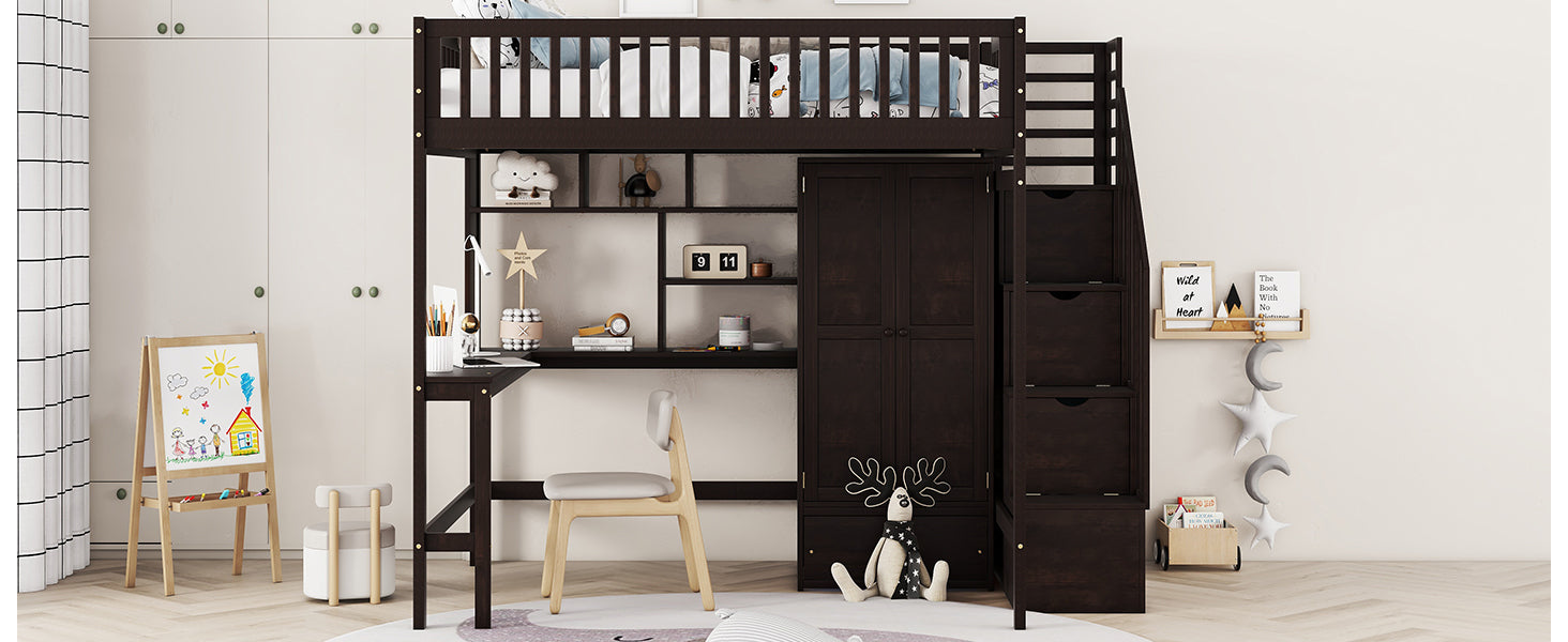 Full Size Loft Bed With Bookshelf,Drawers,Desk,And Wardrobe Espresso Full Espresso Solid Wood