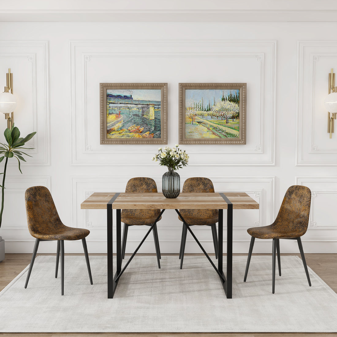 Mdf Wood Colour Dining Table And Modern Dining Chairs Set Of 4, Mid Century Wooden Kitchen Table Set, Metal Base & Legs, Dining Room Table And Suede Chairs Natural Wood Dining Room Mid Century Modern Mdf Mdf