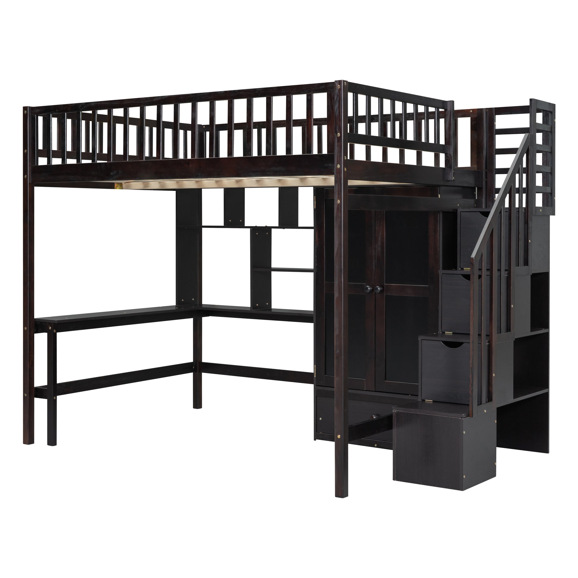 Full Size Loft Bed With Bookshelf,Drawers,Desk,And Wardrobe Espresso Full Espresso Solid Wood