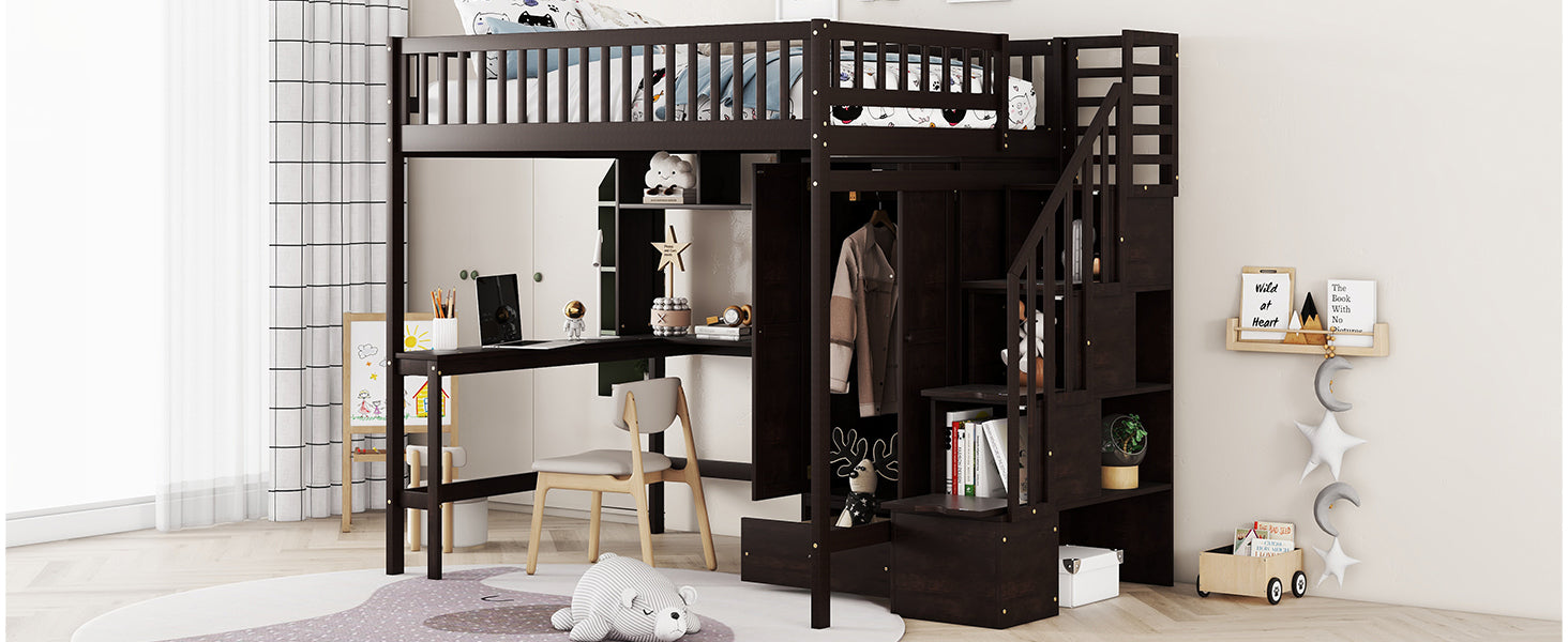 Full Size Loft Bed With Bookshelf,Drawers,Desk,And Wardrobe Espresso Full Espresso Solid Wood