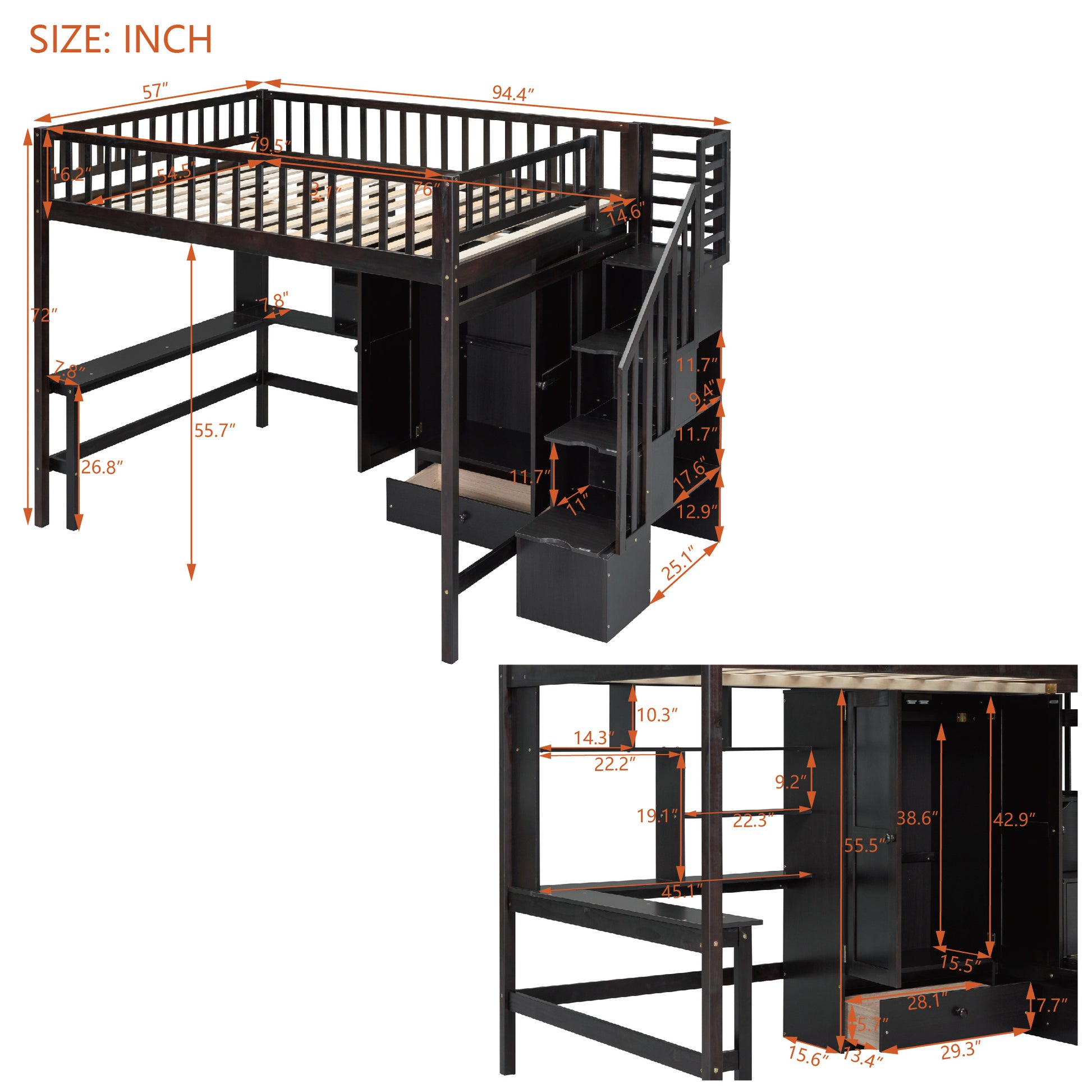 Full Size Loft Bed With Bookshelf,Drawers,Desk,And Wardrobe Espresso Full Espresso Solid Wood