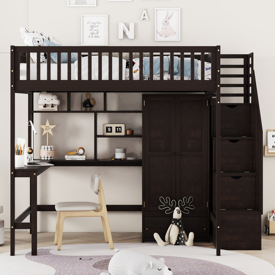Full Size Loft Bed With Bookshelf,Drawers,Desk,And Wardrobe Espresso Full Espresso Solid Wood