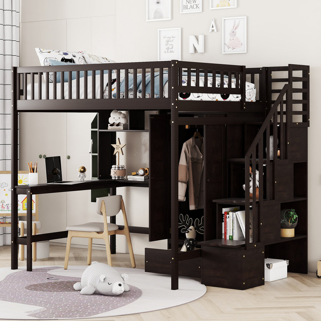 Full Size Loft Bed With Bookshelf,Drawers,Desk,And Wardrobe Espresso Full Espresso Solid Wood