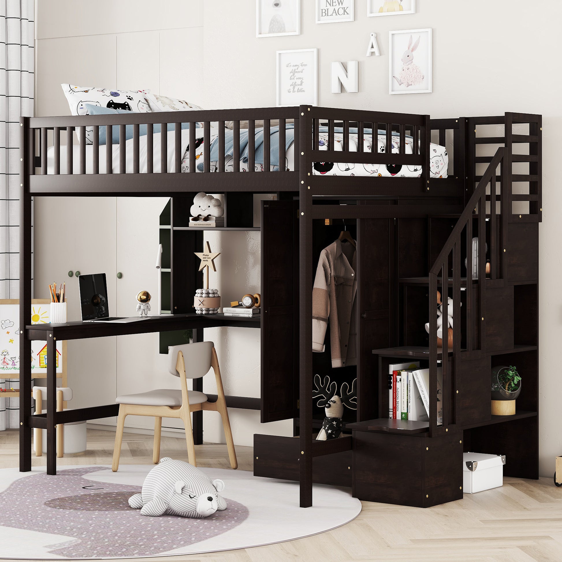 Full Size Loft Bed With Bookshelf,Drawers,Desk,And Wardrobe Espresso Full Espresso Solid Wood
