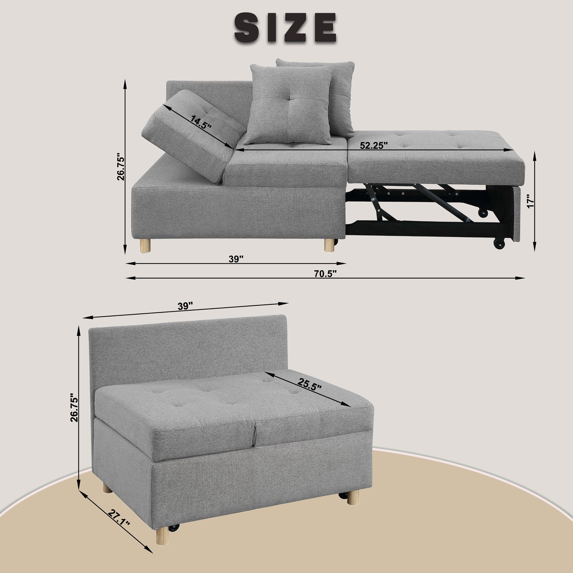 4 In 1 Convertible Sofas & Couches, Single Extendable Sofa With 6 Position Adjustable Back, Sofa Bed With 2 Pillows, Gray Gray Linen Armless Wood Fabric 1 Seat