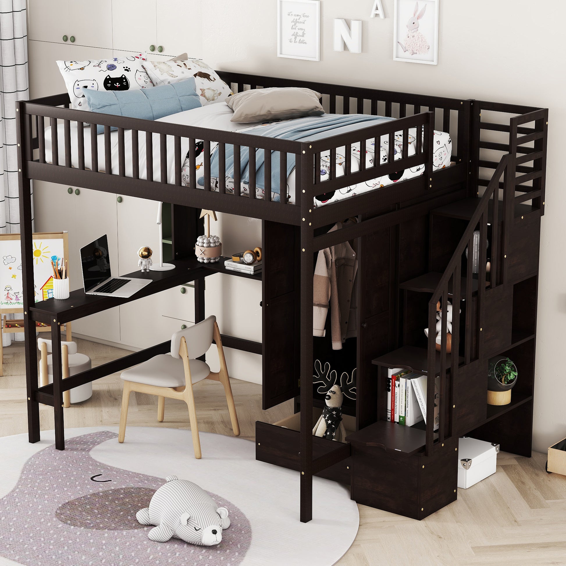 Full Size Loft Bed With Bookshelf,Drawers,Desk,And Wardrobe Espresso Full Espresso Solid Wood