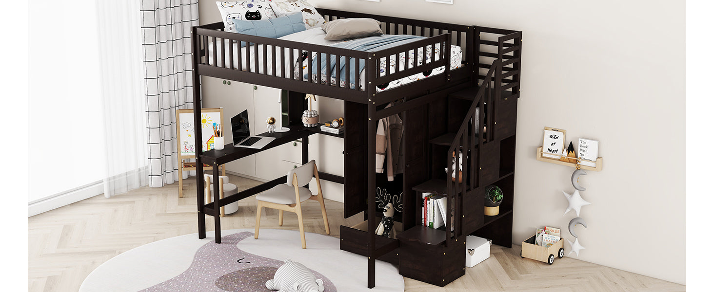 Full Size Loft Bed With Bookshelf,Drawers,Desk,And Wardrobe Espresso Full Espresso Solid Wood