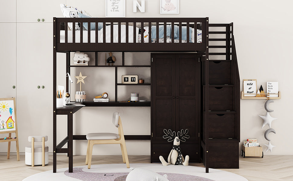 Full Size Loft Bed With Bookshelf,Drawers,Desk,And Wardrobe Espresso Full Espresso Solid Wood