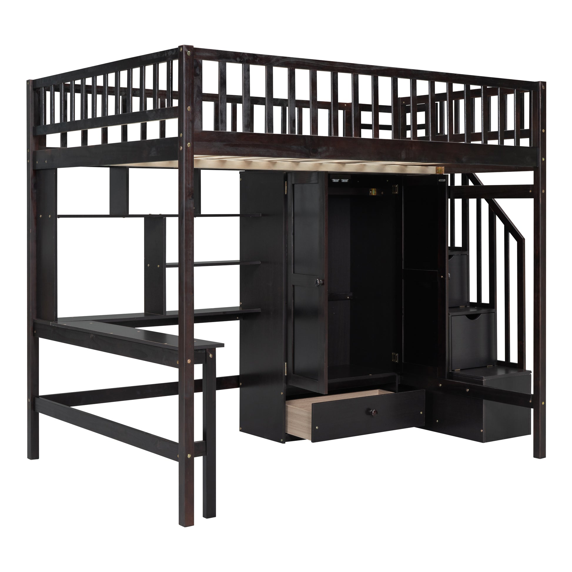 Full Size Loft Bed With Bookshelf,Drawers,Desk,And Wardrobe Espresso Full Espresso Solid Wood