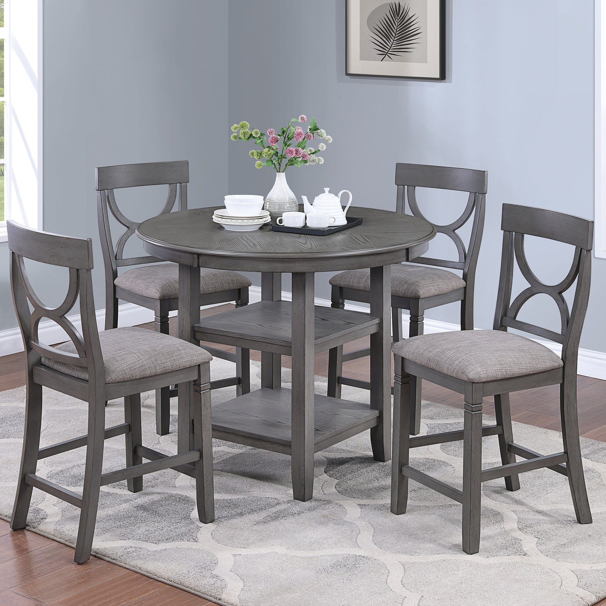 Counter Height Dining Table W Storage Shelve 4X Chairs Padded Seat Unique Design Back 5Pc Dining Set Gray Color Wood Gray Seats 4 Gray Dining Room Contemporary,Modern Round Dining Table With Chair Rubber Wood