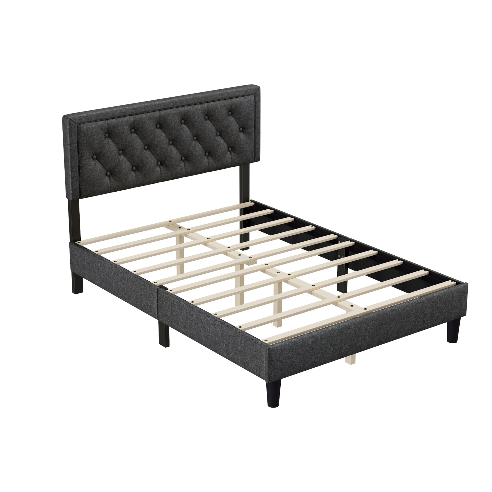 Full Size Panel Bed Frame With Adjustable Button Tufted Headboard For Bedroom Linen Upholstered Wood Slat Support Easy Assembly,Dark Grey Dark Grey Wood
