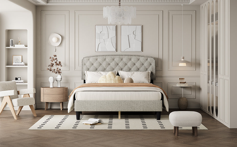 Queen Size Adjustable Headboard With Fine Linen Upholstery And Button Tufting For Bedroom, Wave Top Cream White Cream White Wood