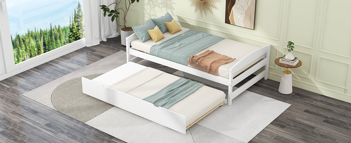 Twin Size Platform Bed With Twin Size Trundle, White Box Spring Not Required Twin White Wood Bedroom Pine