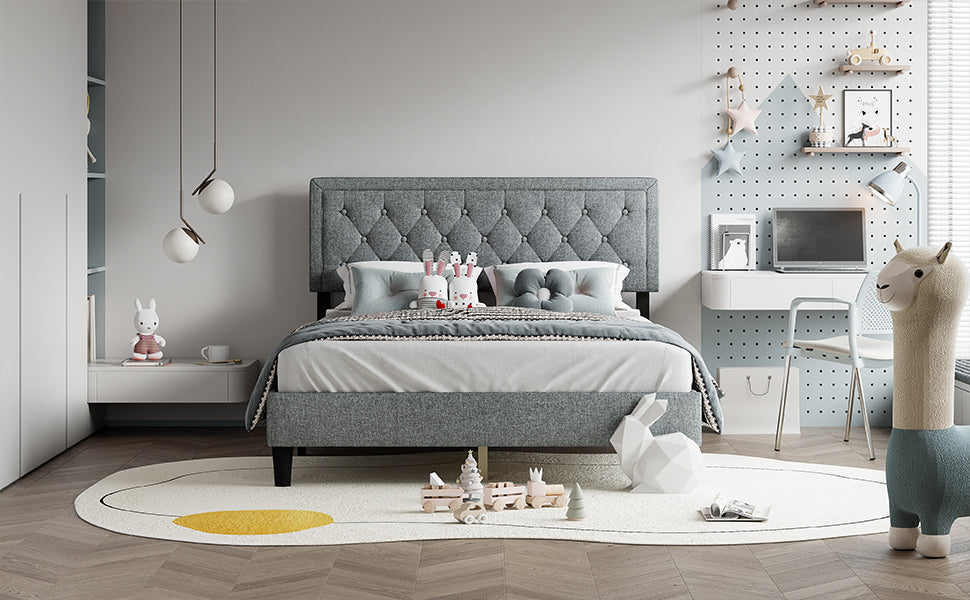 Queen Size Panel Bed Frame With Adjustable Button Tufted Headboard For Bedroom Linen Upholstered Wood Slat Support Easy Assembly,Light Grey Light Grey Wood