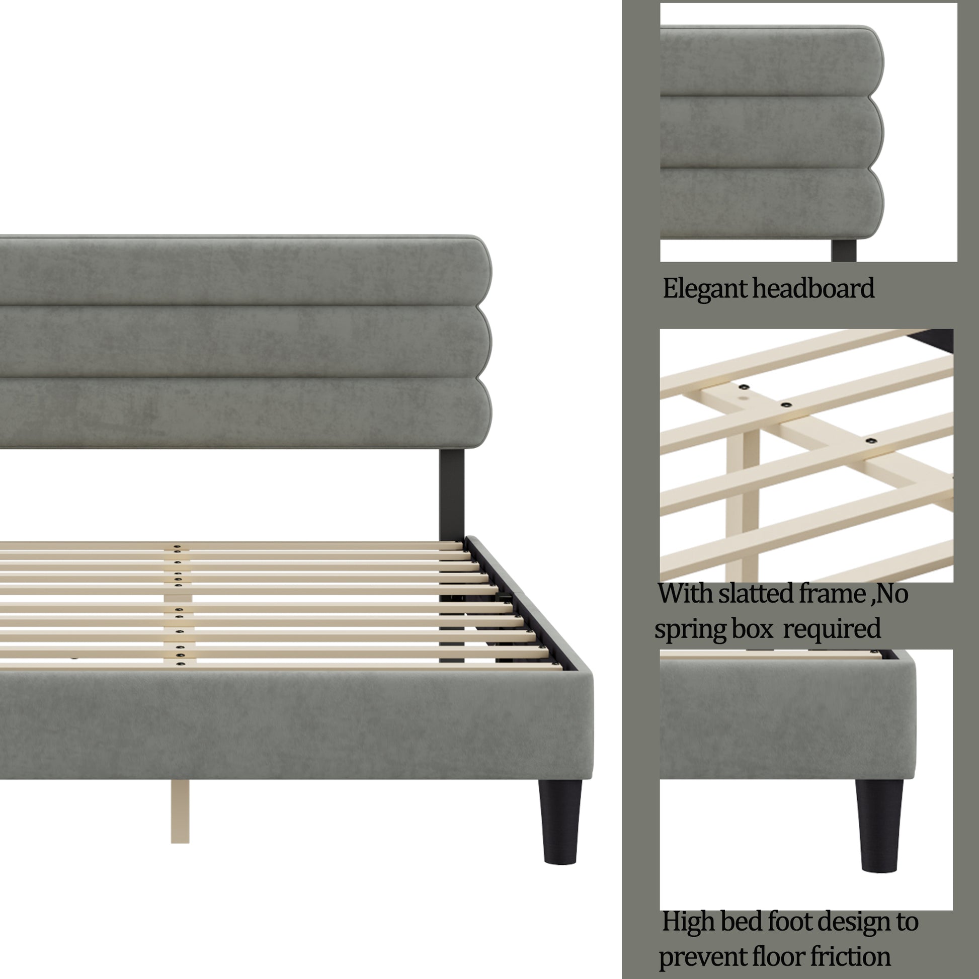 King Bed Frame With Headboard,Sturdy Platform Bed With Wooden Slats Support,No Box Spring,Mattress Foundation,Easy Assembly Light Grey Wood
