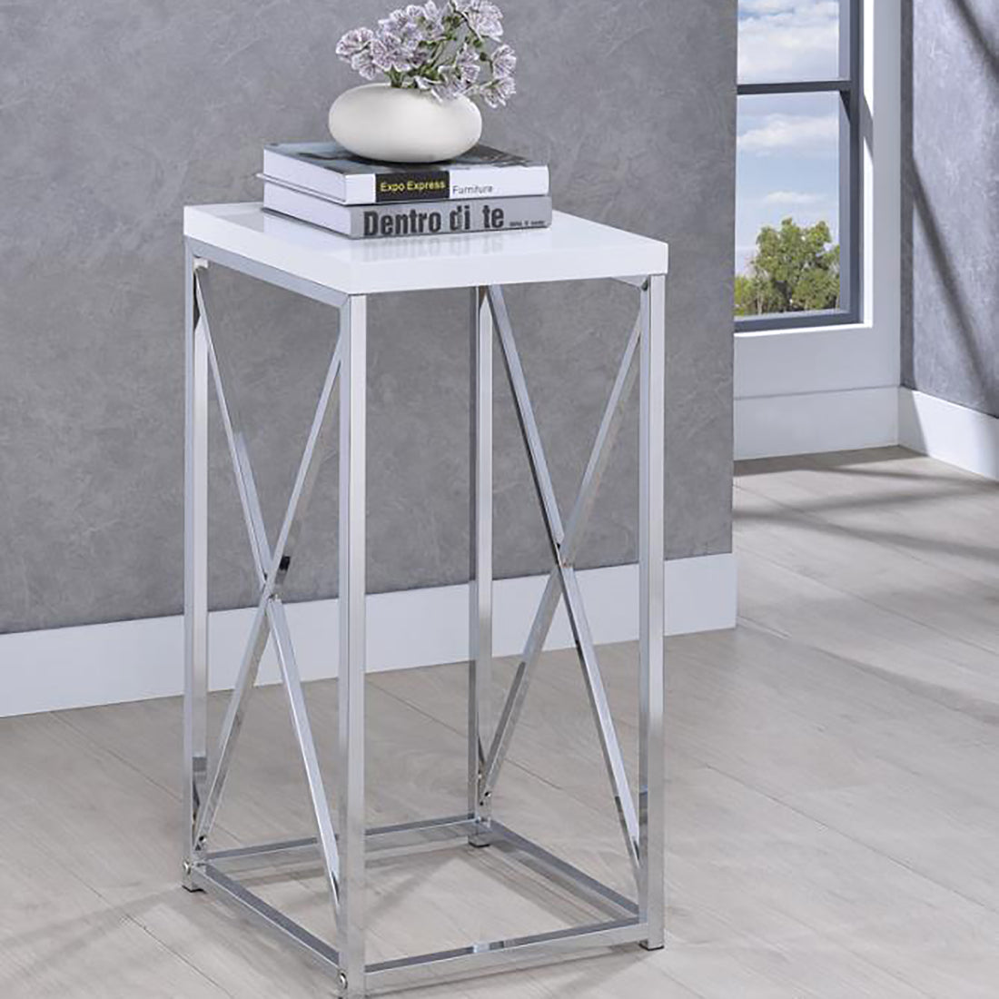 Glossy White And Chrome Accent Table Glossy White White Primary Living Space Contemporary,Modern Rectangular Glossy Coffee & End Tables Wood Sled
