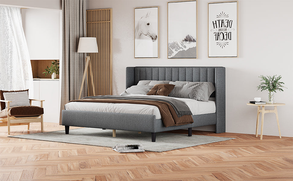 King Size Upholstered Platform Bed Frame With Headboard, Mattress Foundation, Wood Slat Support, Quiet, No Box Spring Needed, Easy To Assemble Light Grey Light Gray Wood