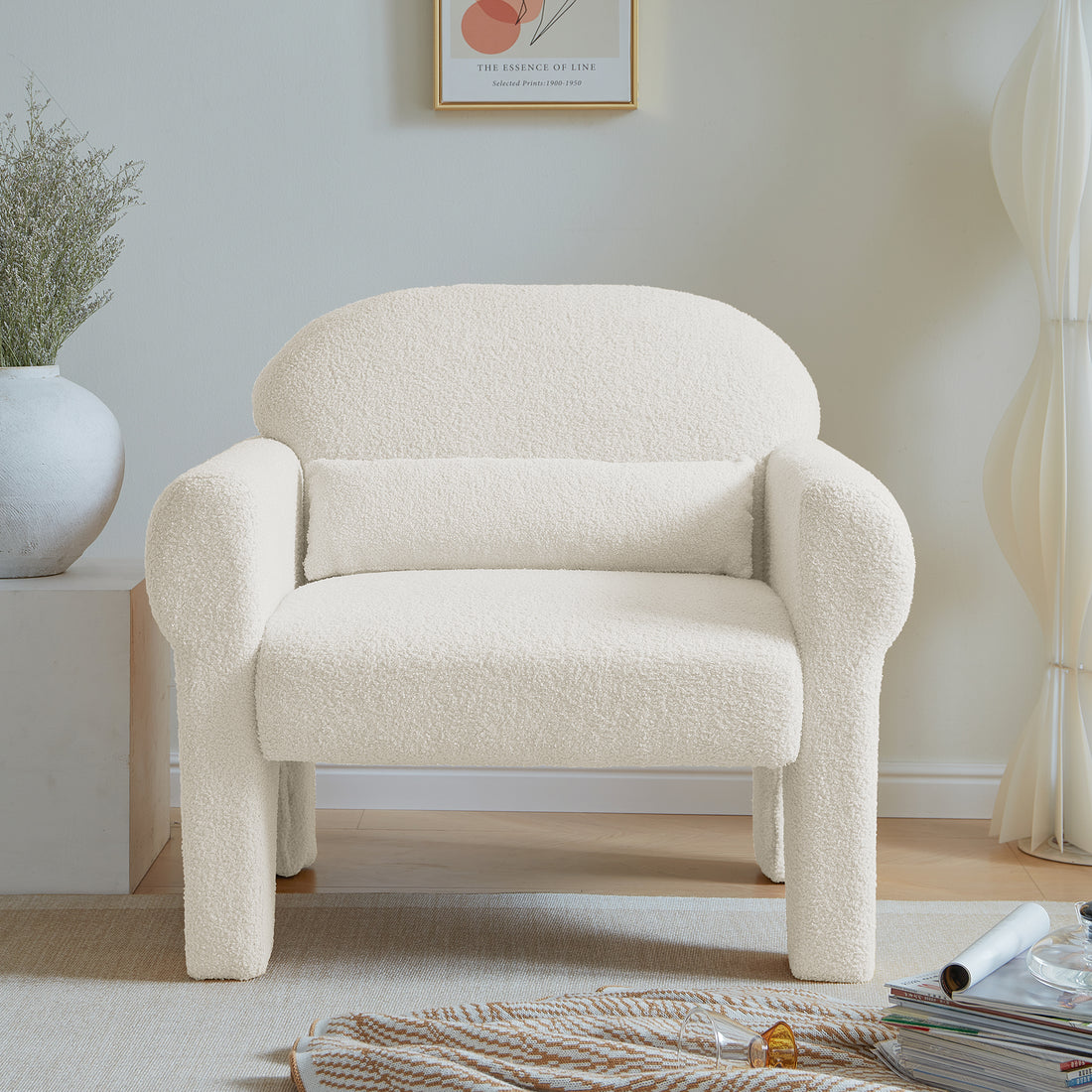 Modern Boucle Accent Chair With Lumbar Pillow For Living Room Antique White Fabric 1 Seat