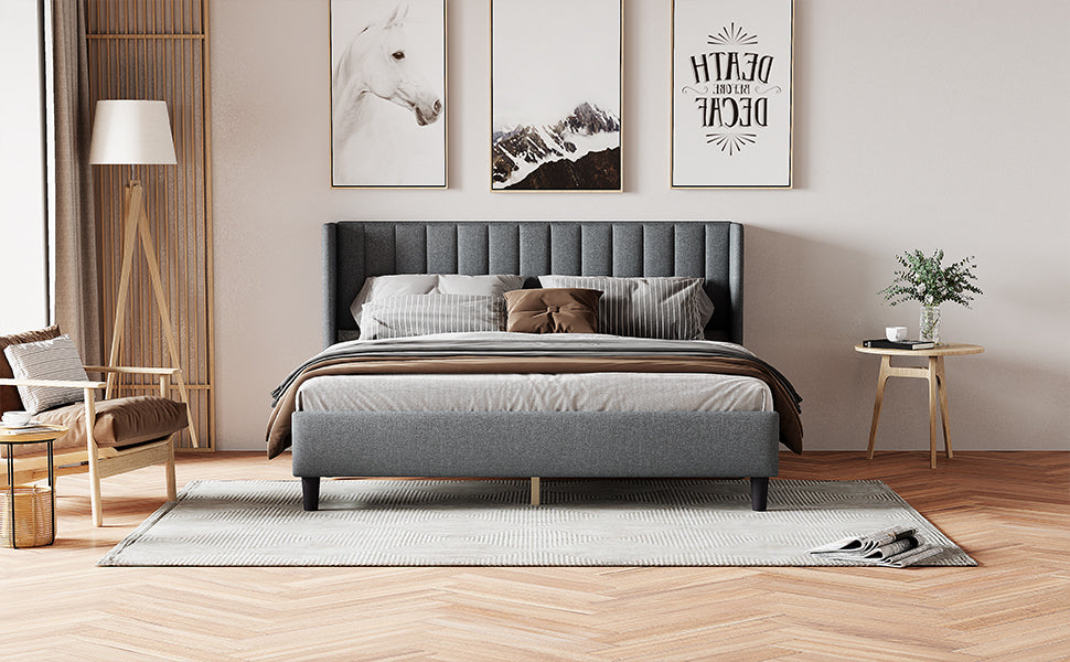 King Size Upholstered Platform Bed Frame With Headboard, Mattress Foundation, Wood Slat Support, Quiet, No Box Spring Needed, Easy To Assemble Light Grey Light Gray Wood
