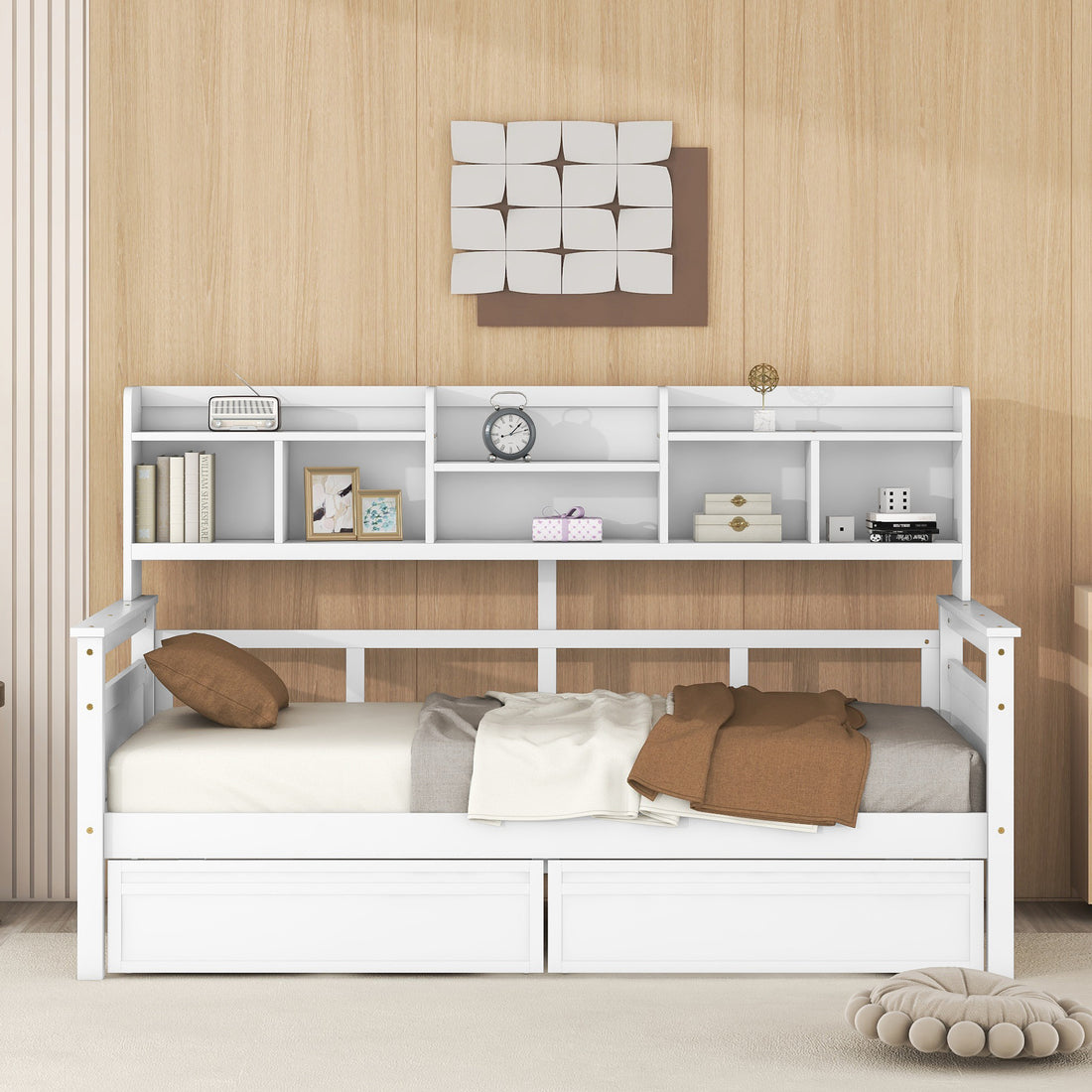 Twin Size Daybed, Wood Slat Support, With Bedside Shelves And Two Drawers, White White Solid Wood Mdf