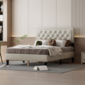 Queen Size Panel Bed Frame With Adjustable Button Tufted Headboard For Bedroom Linen Upholstered Wood Slat Support Easy Assembly,Linen Beige Beige Wood