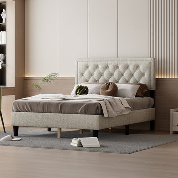 Queen Size Panel Bed Frame With Adjustable Button Tufted Headboard For Bedroom Linen Upholstered Wood Slat Support Easy Assembly,Linen Beige Beige Wood