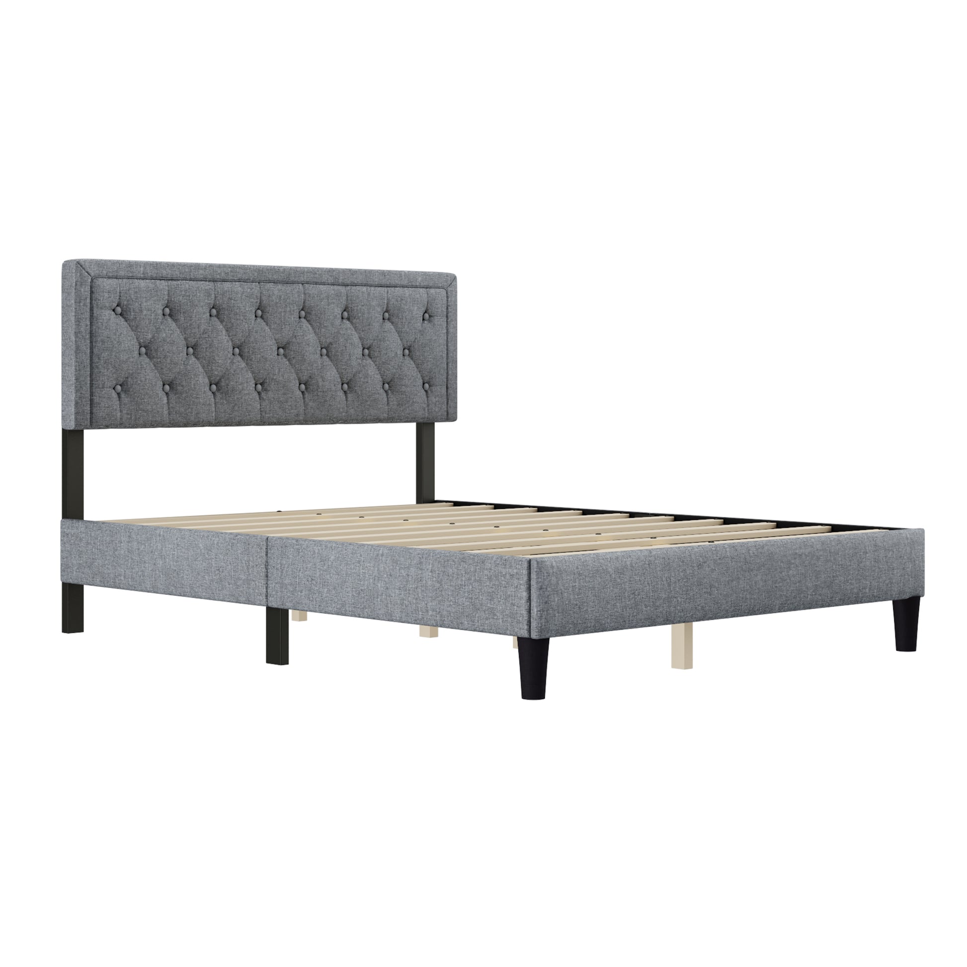Queen Size Panel Bed Frame With Adjustable Button Tufted Headboard For Bedroom Linen Upholstered Wood Slat Support Easy Assembly,Light Grey Light Grey Wood