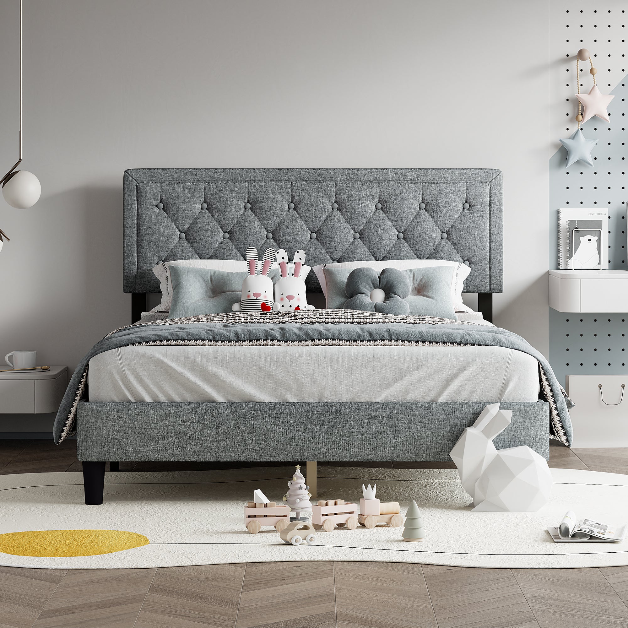 Queen Size Panel Bed Frame With Adjustable Button Tufted Headboard For Bedroom Linen Upholstered Wood Slat Support Easy Assembly,Light Grey Light Grey Wood