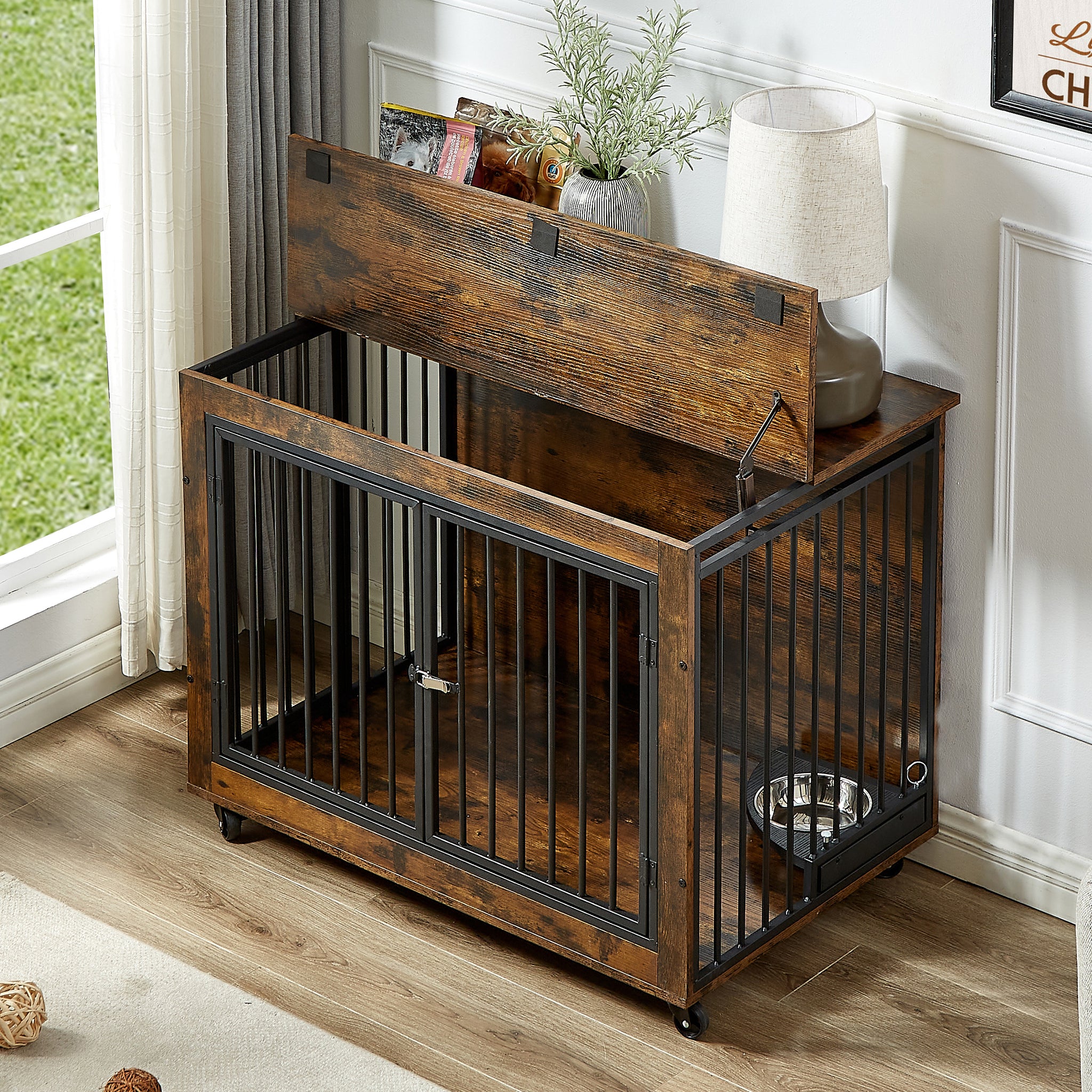 Furniture Style Dog Crate Side Table With Rotatable Feeding Bowl, Wheels, Three Doors, Flip Up Top Opening. Indoor, Rustic Brown, 38.58"W X 25.2"D X 27.17"H Rustic Brown Particle Board