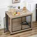 Furniture Style Dog Crate Side Table With Rotatable Feeding Bowl, Wheels, Three Doors, Flip Up Top Opening. Indoor, Grey, 43.7