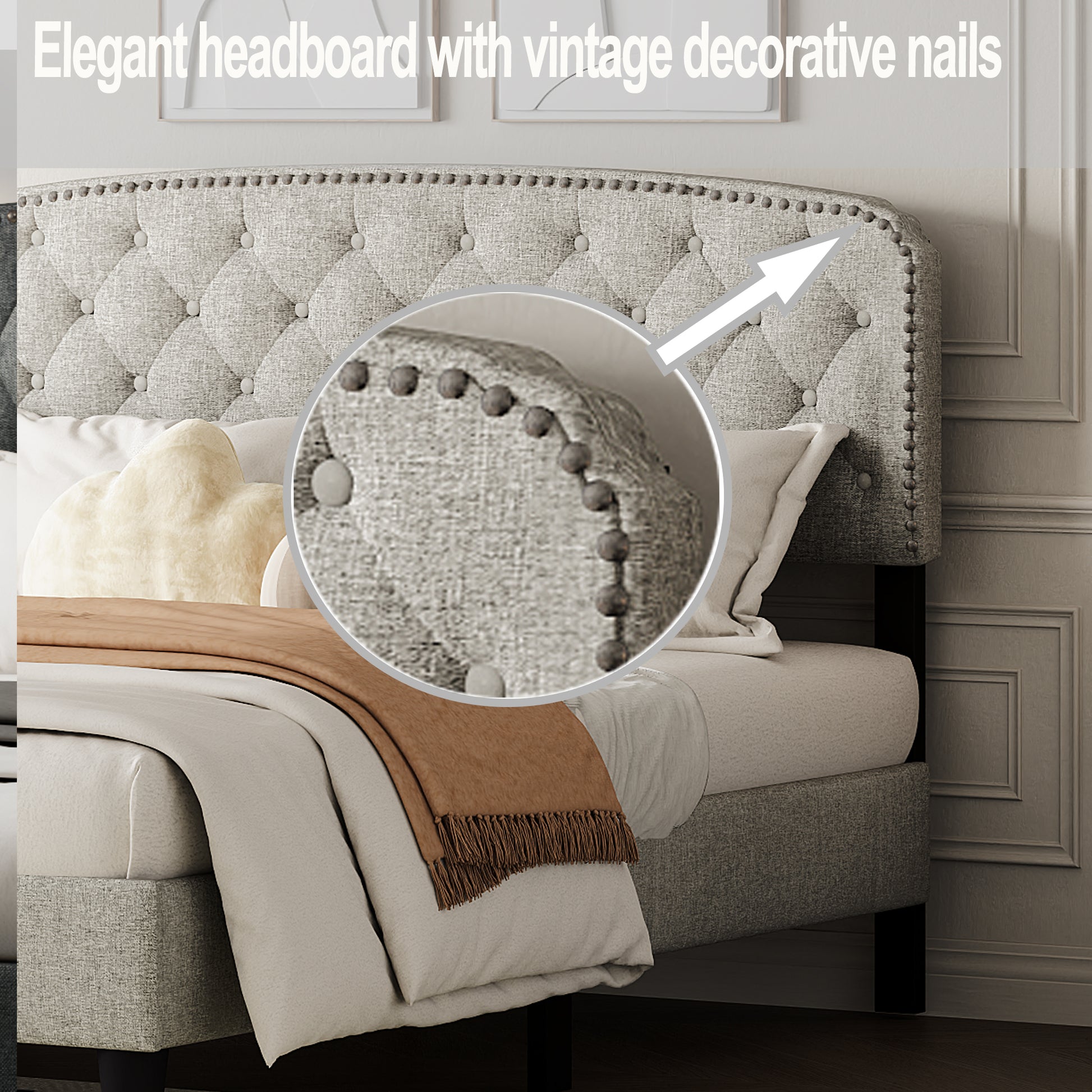 Queen Size Adjustable Headboard With Fine Linen Upholstery And Button Tufting For Bedroom, Wave Top Cream White Cream White Wood