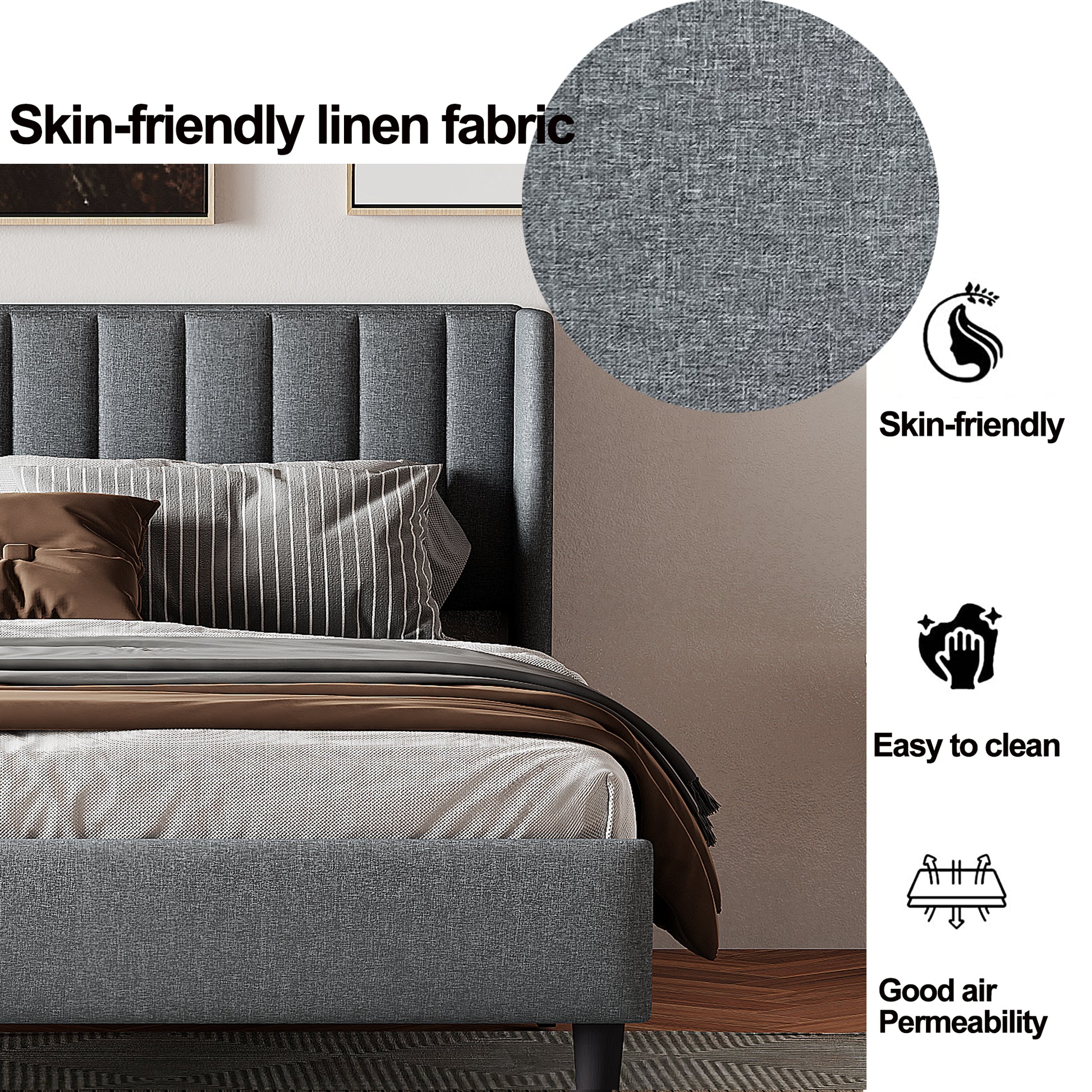 King Size Upholstered Platform Bed Frame With Headboard, Mattress Foundation, Wood Slat Support, Quiet, No Box Spring Needed, Easy To Assemble Light Grey Light Gray Wood