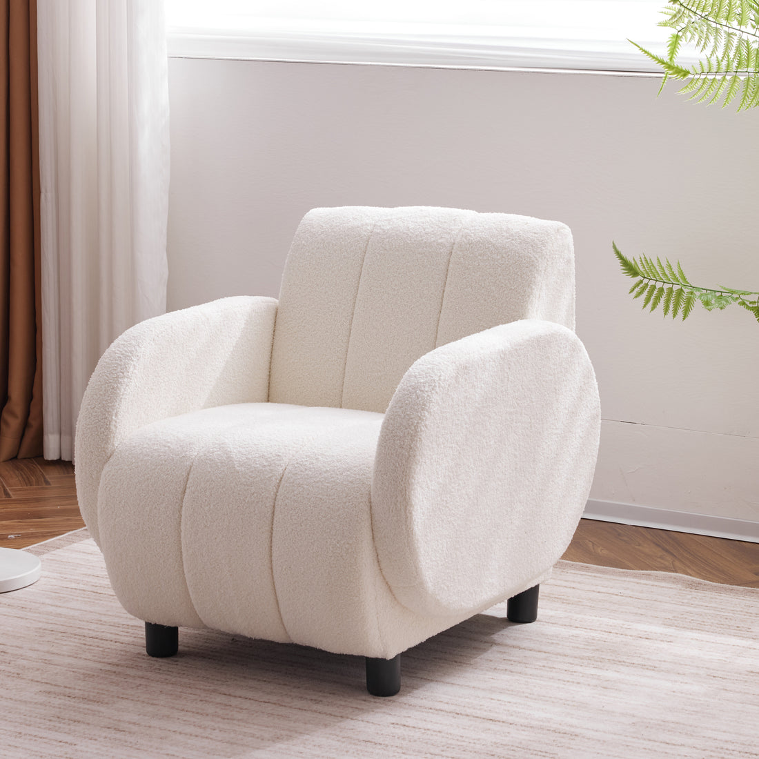 Modern Fabric Upholstered Armchair With Upholstered Reading Chair, Single Sofa, Living Room, Bedroom, Bed, Office Lounge Club Chair, Teddy Velvet White Aluminum