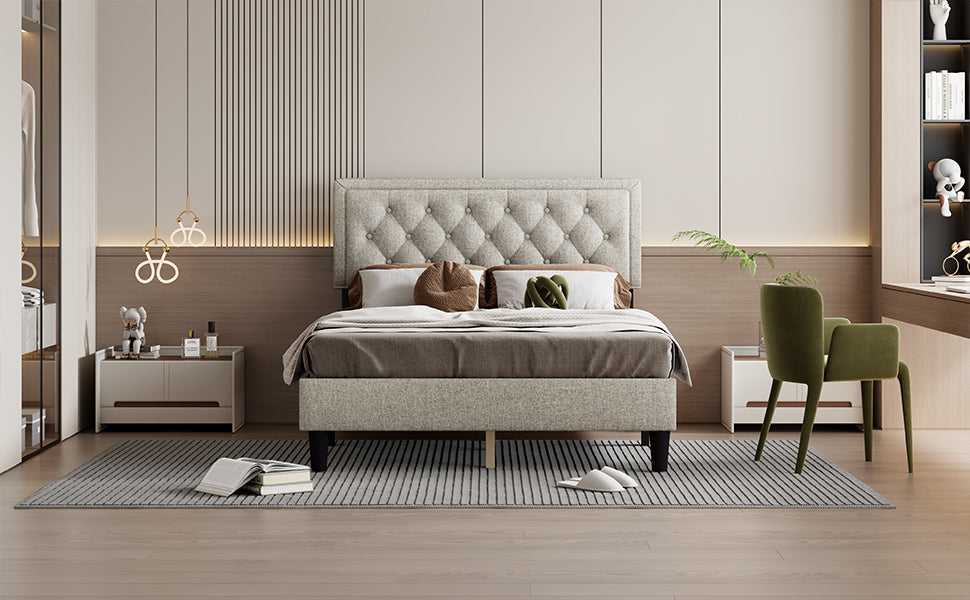 Queen Size Panel Bed Frame With Adjustable Button Tufted Headboard For Bedroom Linen Upholstered Wood Slat Support Easy Assembly,Linen Beige Beige Wood