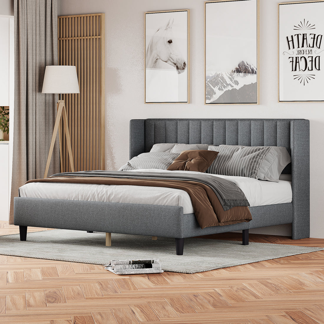 King Size Upholstered Platform Bed Frame With Headboard, Mattress Foundation, Wood Slat Support, Quiet, No Box Spring Needed, Easy To Assemble Light Grey Light Gray Wood