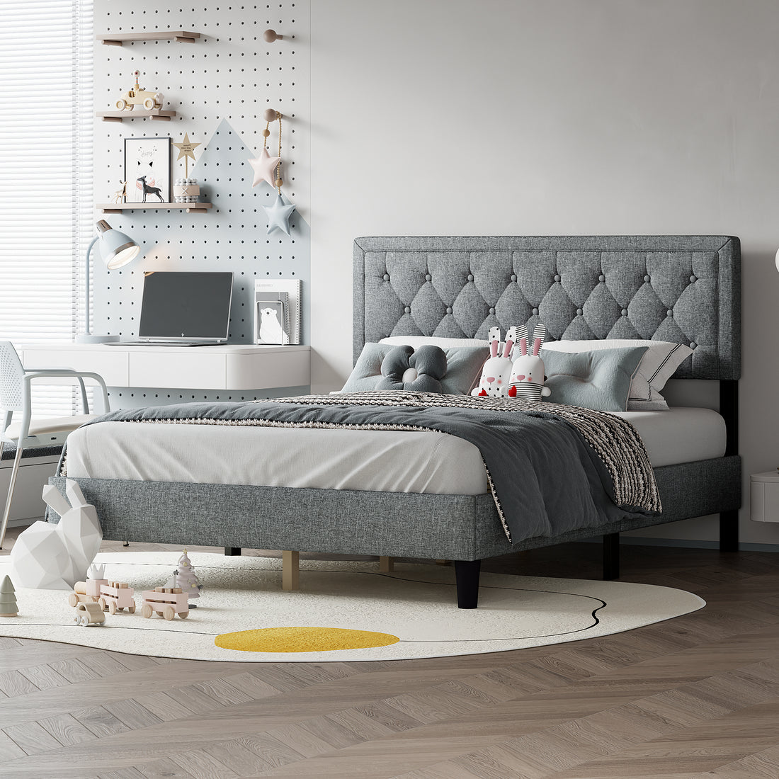 Queen Size Panel Bed Frame With Adjustable Button Tufted Headboard For Bedroom Linen Upholstered Wood Slat Support Easy Assembly,Light Grey Light Grey Wood