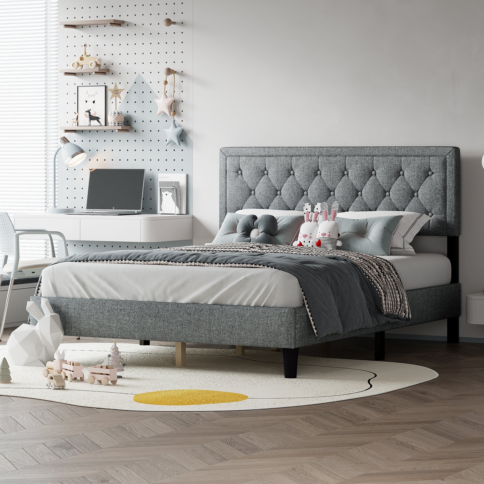 Queen Size Panel Bed Frame With Adjustable Button Tufted Headboard For Bedroom Linen Upholstered Wood Slat Support Easy Assembly,Light Grey Light Grey Wood