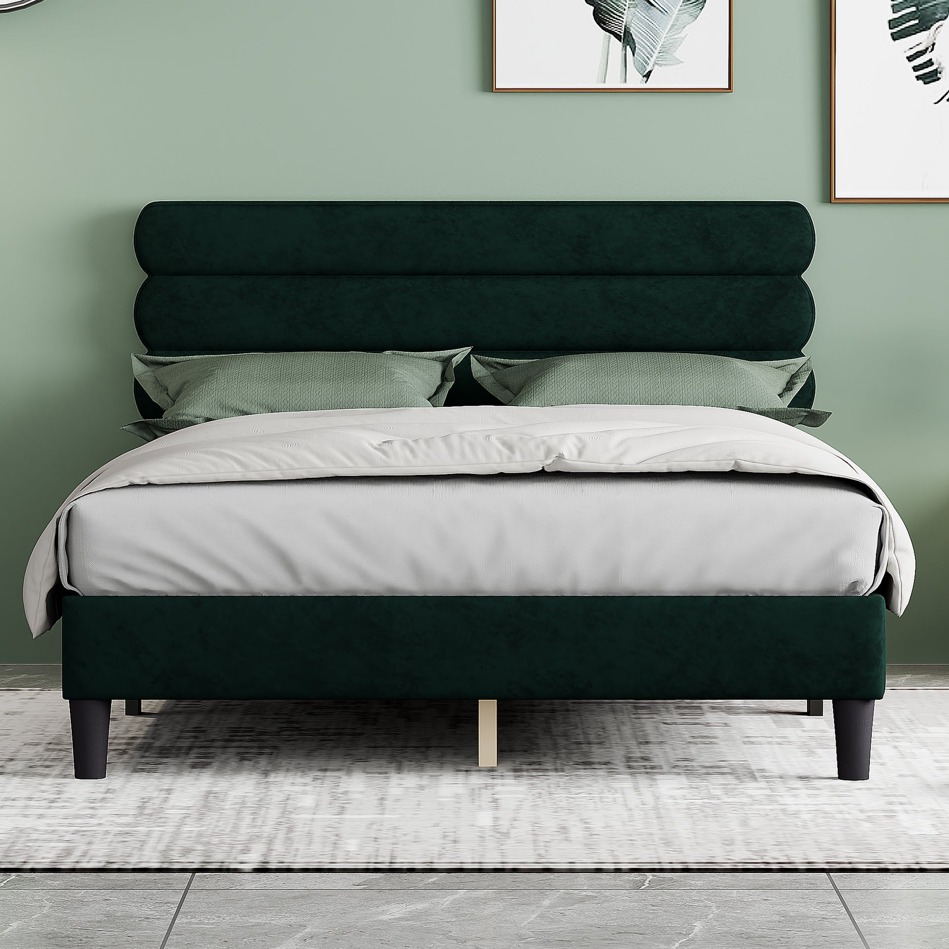 Queen Bed Frame With Headboard,Sturdy Platform Bed With Wooden Slats Support,No Box Spring,Mattress Foundation,Easy Assembly Green Green Wood
