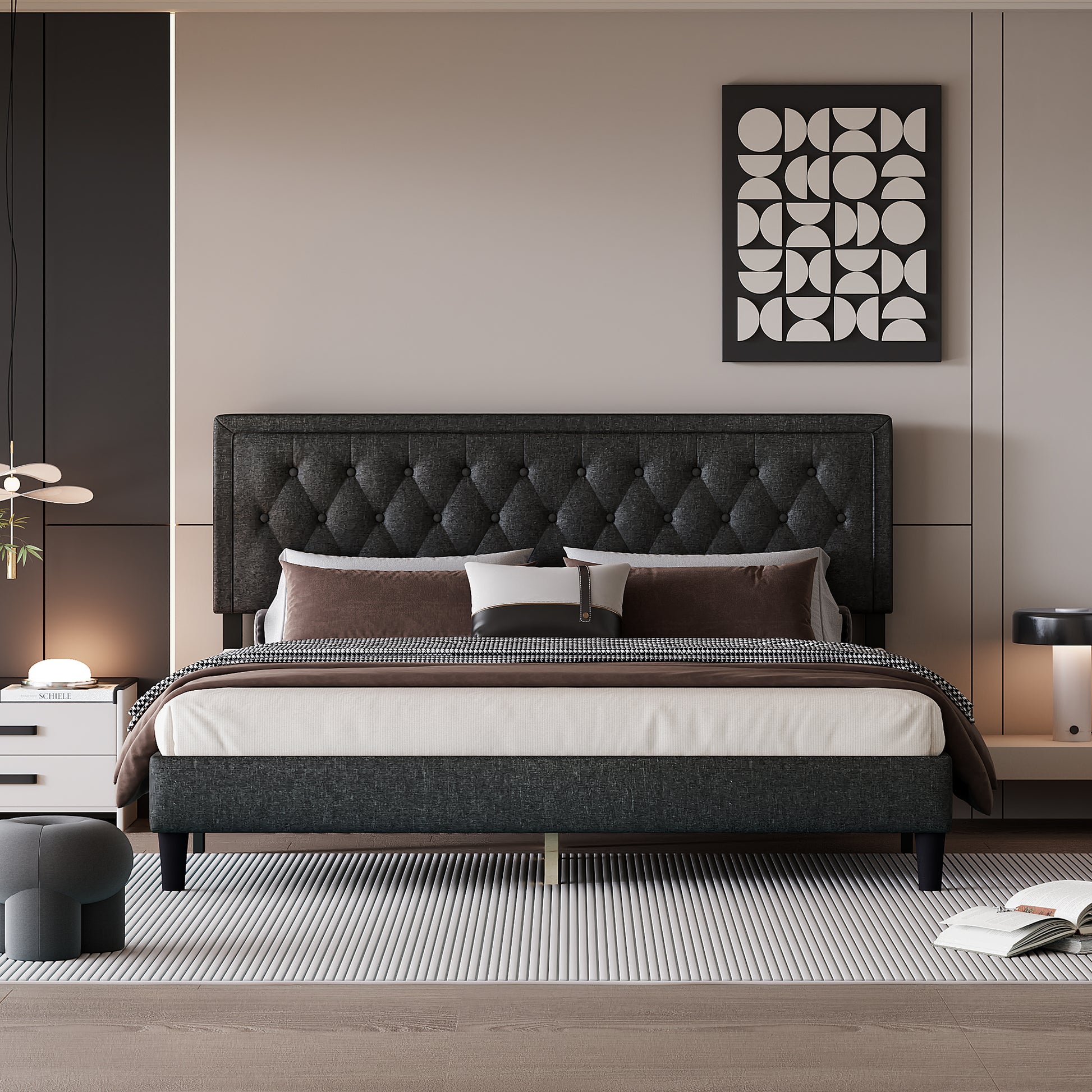 King Size Panel Bed Frame With Adjustable Button Tufted Headboard For Bedroom Linen Upholstered Wood Slat Support Easy Assembly,Dark Grey Dark Grey Wood
